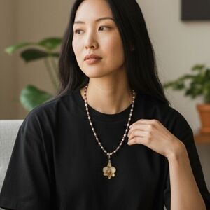 #325 HAND CRAFTED Necklace handcrafted handmade Orchid Resin Gold Glasd Pearls